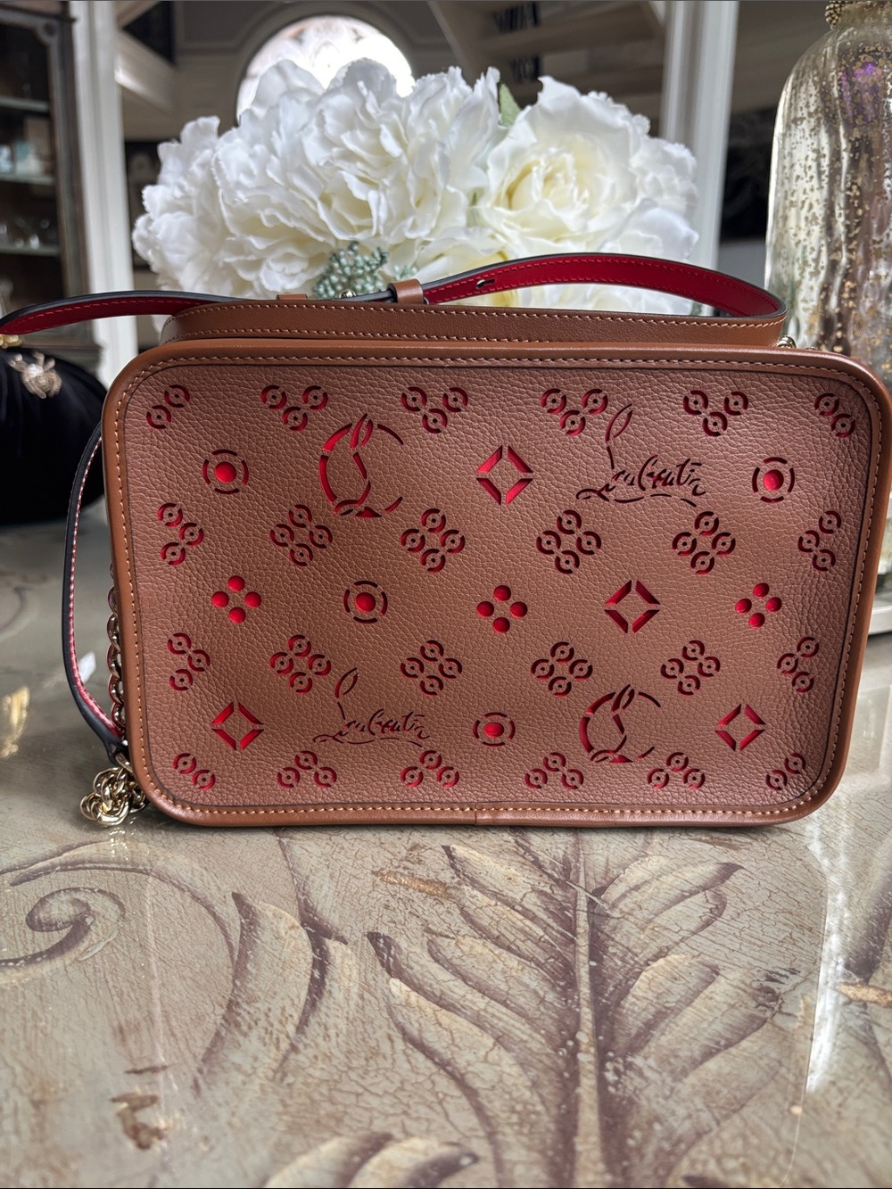 Christian Louboutin Brown with Red-Underlay Perforated Leather Crossbody